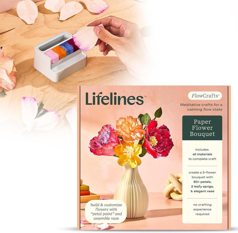LifeLines FlowCrafts, Paper Flower Bouquet - Create a 5-Flower Bouquet with 80+ Petals, 2 Leafy Sprigs & Elegant Vase - Sensory Arts & Crafts Kit for Teens & Adults - Paper Decorations - Image 1